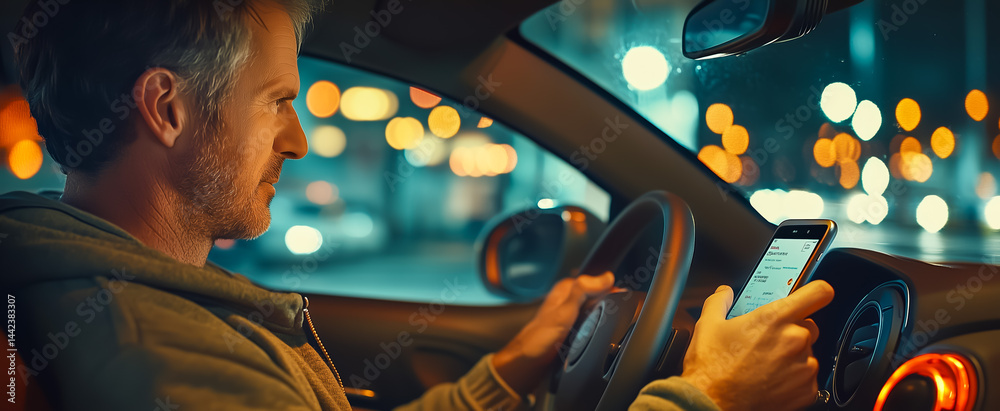 Obraz premium Man using smartphone while driving at night in city