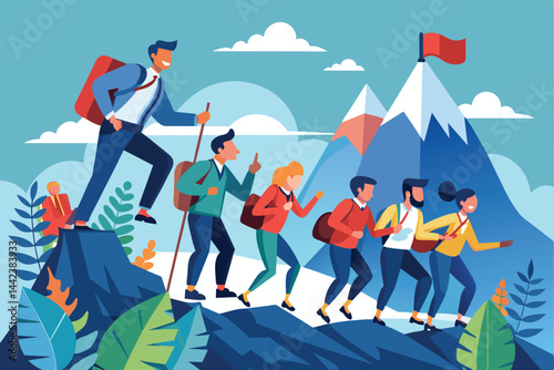 Illustration of a group of diverse hikers scaling mountain peaks with determination. They represent teamwork, adventure, and the spirit of exploration in a vibrant, scenic outdoor setting.