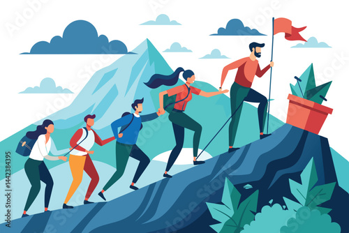 Illustration of a group of diverse people climbing a mountain, symbolizing teamwork, leadership, and adventure. They follow a leader with determination, reaching for success and goals.