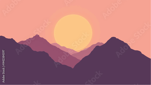 A mountain range with a large sun in the sky. Mountains landscape. Sunset view. Vector illustration.