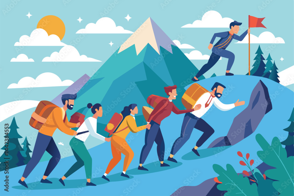 Fototapeta premium Illustration of a diverse group hiking up a mountain with backpacks, led by a leader. The colorful scene emphasizes teamwork, determination, and reaching goals together in a natural setting.