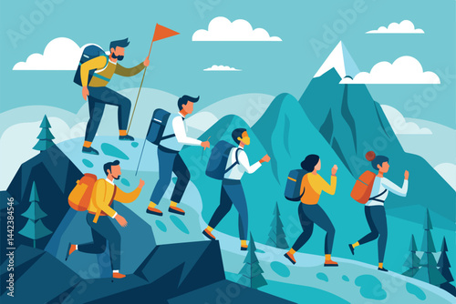 Illustrated group of hikers with backpacks climbing a mountain, symbolizing adventure, teamwork, and nature exploration in a scenic landscape with blue skies and fluffy clouds.