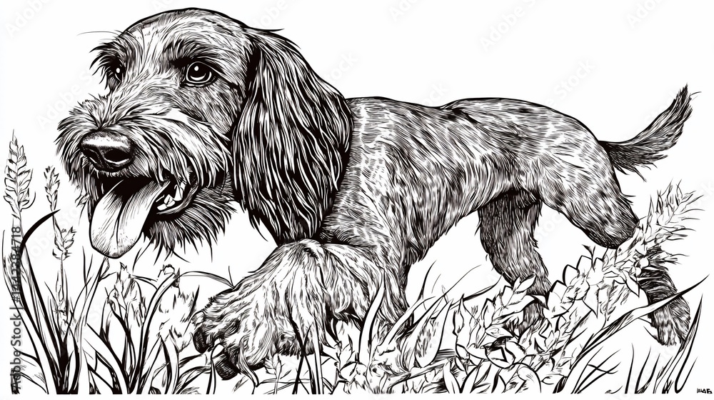 Black and white illustration of a happy dog in the grass.