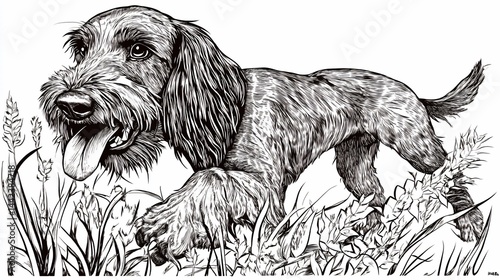 Obraz na płótnie Black and white illustration of a happy dog in the grass. w salonie
