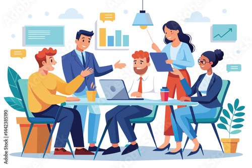 Illustration of a diverse team engaging in a collaborative business meeting, with charts and laptops. Ideal for concepts like teamwork, collaboration, and professional environments.