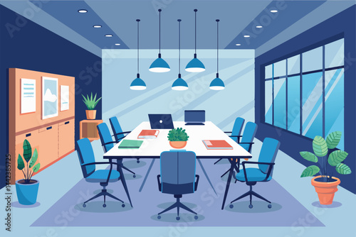 A spacious, modern conference room featuring a sleek table, comfortable chairs, and vibrant indoor plants, offering a professional and inviting environment for business meetings and collaborations.