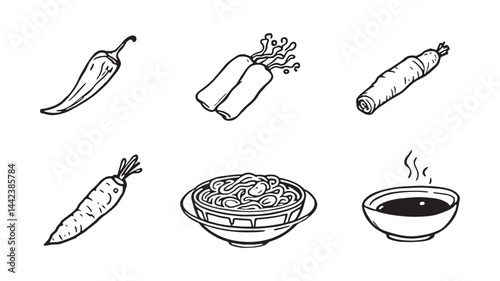 Asian Cuisine Ingredients line art with herbs spices and sauces