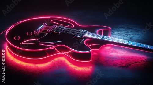 An illuminated electric guitar resting on a dark surface