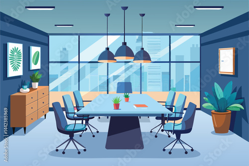 A stylish office conference room featuring a long table, chairs, and modern decor. Large windows offer a city view, creating a bright and inviting workspace.