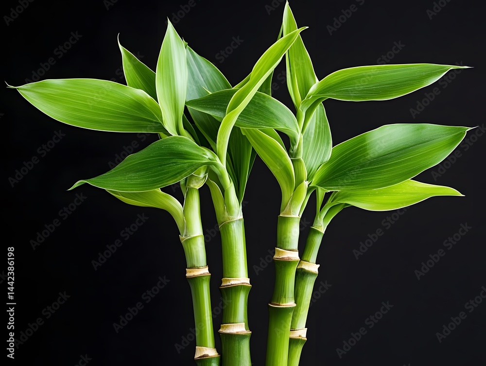 Obraz premium Vibrant Green Bamboo Plant Closeup Against Black Background