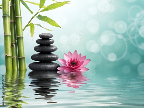 Zen stones and bamboo create a spa still life, embodying green wellness and natural harmony