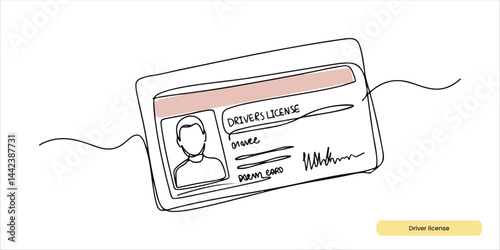 Driver license id card continuous single line art drawing sketch on white background
