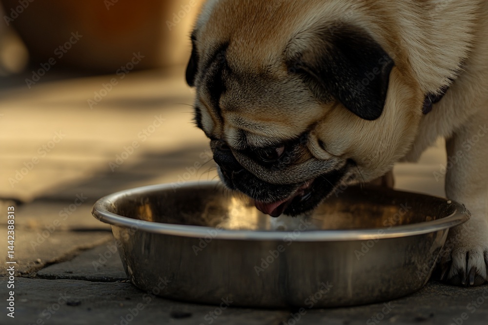 A cute pug dog drinking water from a metal bowl outdoors on a sunny day.