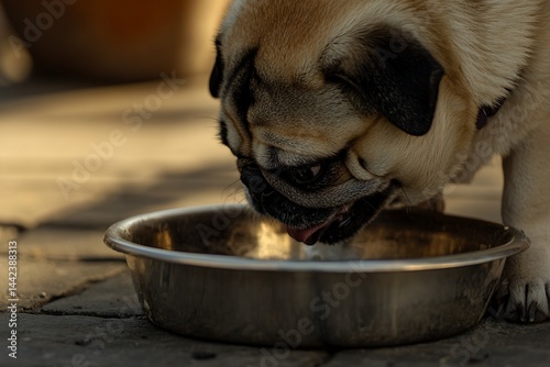 A cute pug dog drinking water from a metal bowl outdoors on a sunny day.