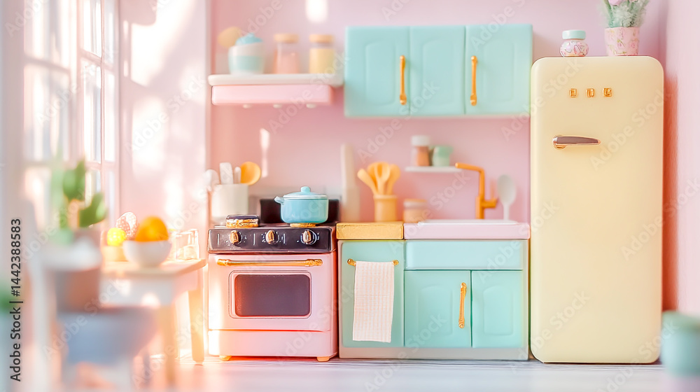 Fototapeta premium Colorful pastel miniature kitchen alive with tiny details, celebrating cozy everyday moments