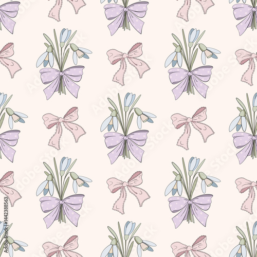 Spring Flower Snowdrops Bouquet Hand Drawn Blossom Pastel Decoration Seamless Pattern.