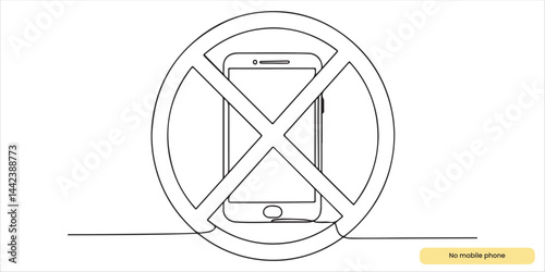 No mobile phone allowed sign continuous single line art drawing sketch on white background