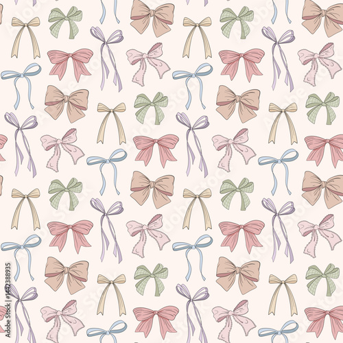 Various bows, gift ribbons Seamless Pattern. Bowknots hand drawn Fashionable vector illustration. Hair accessories. Bow knots for gift wrapping. Gift bows, magic bow illustration.Celebration, party