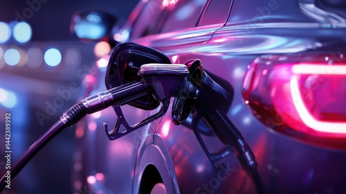 A car is being refueled at a gas station at night with vibrant neon lighting reflecting on its surface.