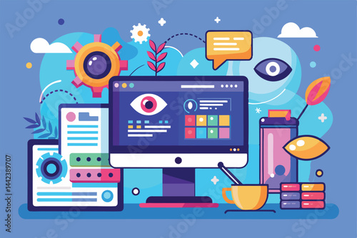 Vibrant illustration depicting a digital workspace with various screens, gears, and speech bubbles. Ideal for concepts like technology, creativity, and digital communication.