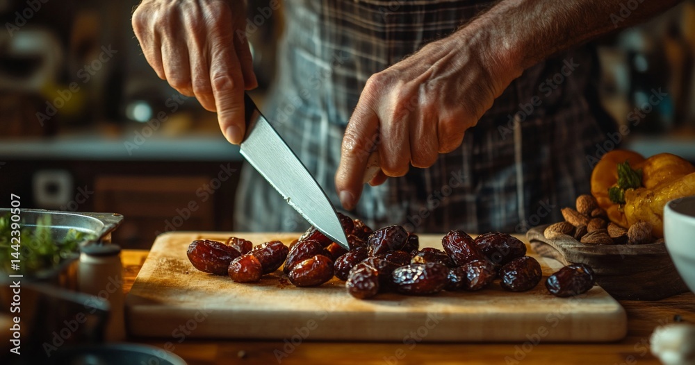 Close-up of hands expertly chopping dates on a wooden board in a kitchen setting.