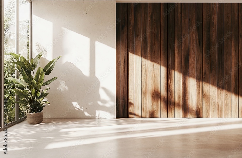 Sunlit minimalist room interior with wood wall, potted plant, and large window.