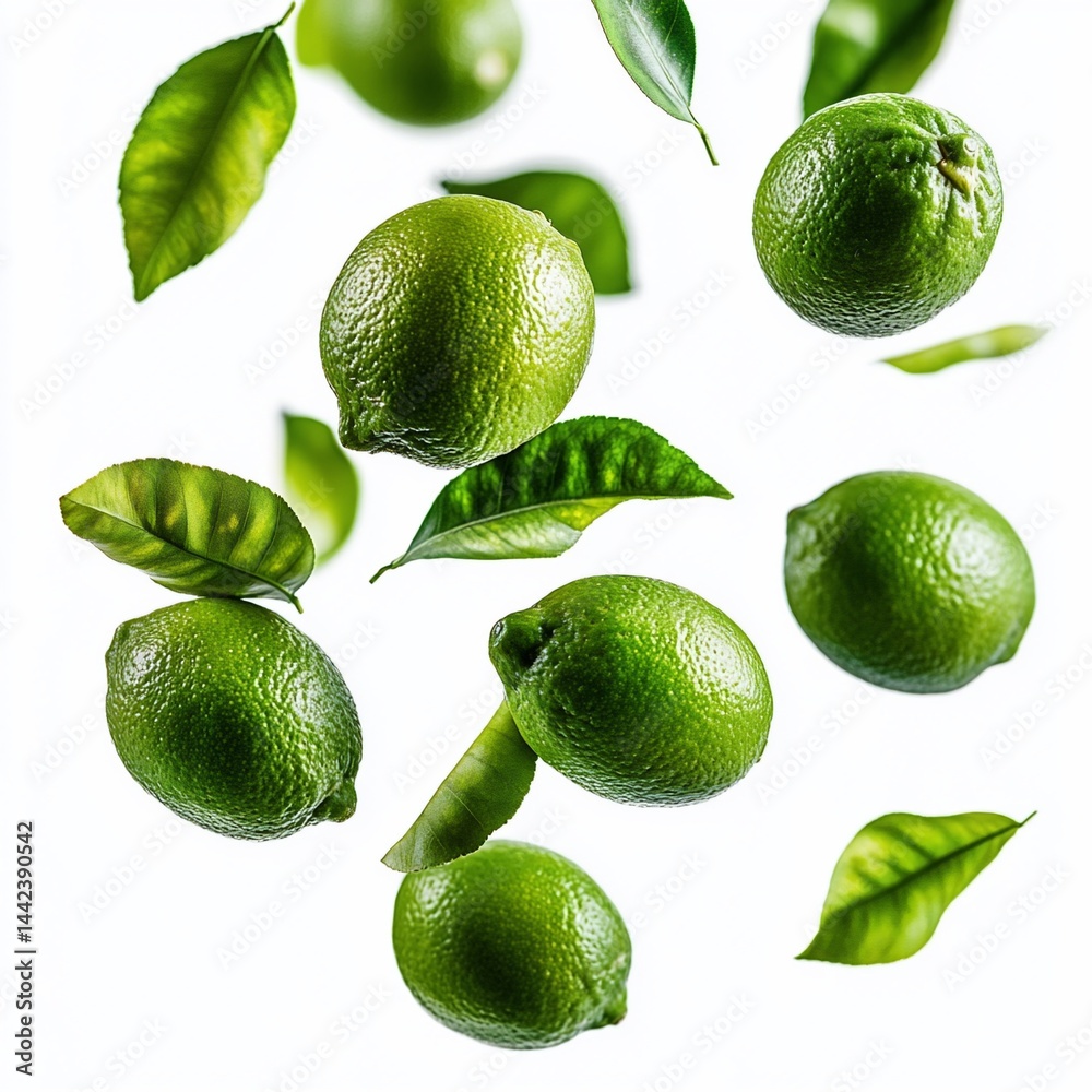 Fresh limes and leaves falling on white background.