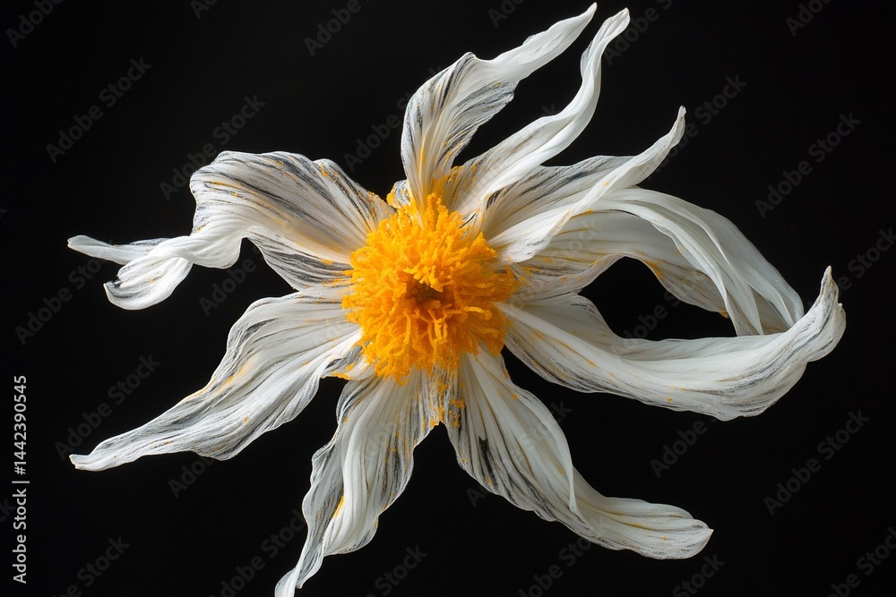 Abstract close-up of a white flower with yellow center against a black background, its petals elegantly twisted.