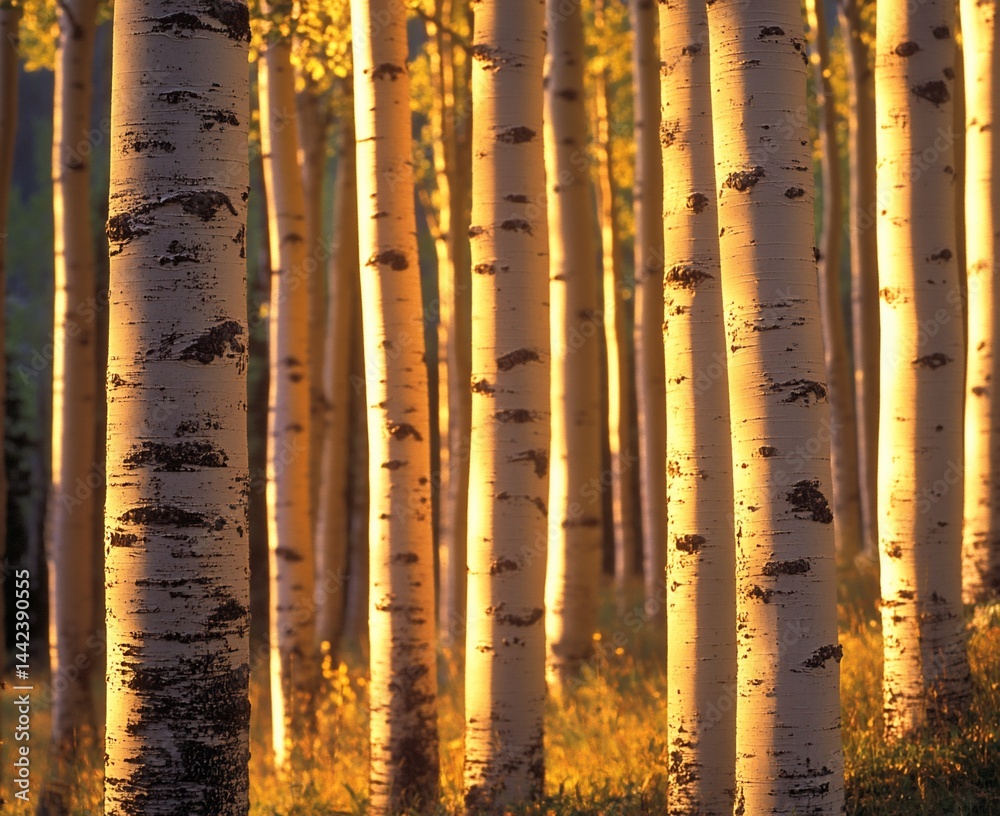 Golden sunlight illuminates a grove of aspen trees, their white bark glowing warmly.