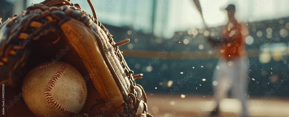 Close-up of baseball in a glove with blurred batter in background.