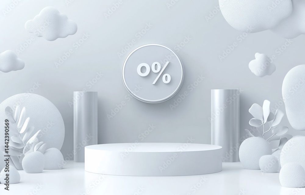Minimalist 3D render of a white podium with 0% sign, ideal for product displays or presentations.