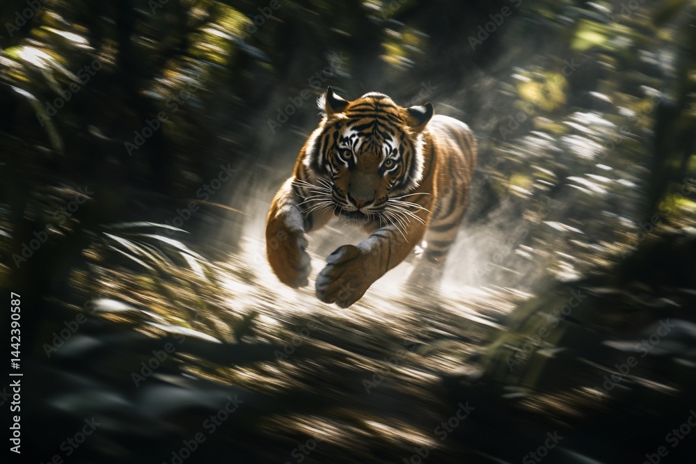 Majestic tiger running through lush jungle, motion blur effect.