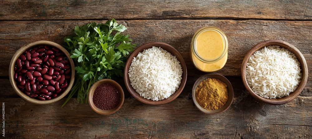 Overhead view of kidney beans, rice, parsley, spices, and tahini on a rustic wooden table.