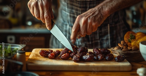 Obraz na płótnie Close-up of hands expertly chopping dates on a wooden board in a kitchen setting. w salonie