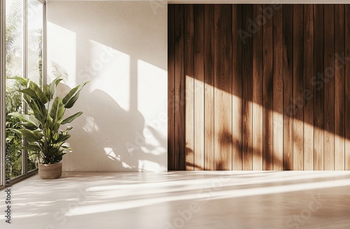 Obraz na płótnie Sunlit minimalist room interior with wood wall, potted plant, and large window. w salonie