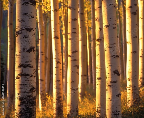 Obraz na płótnie Golden sunlight illuminates a grove of aspen trees, their white bark glowing warmly. w salonie