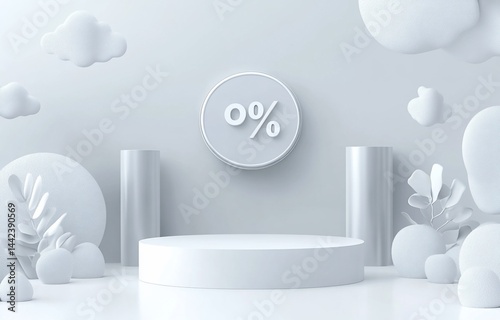Obraz na płótnie Minimalist 3D render of a white podium with 0% sign, ideal for product displays or presentations. w salonie