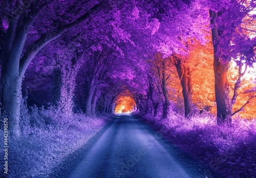 Surreal purple and orange tree-lined road leading to light.