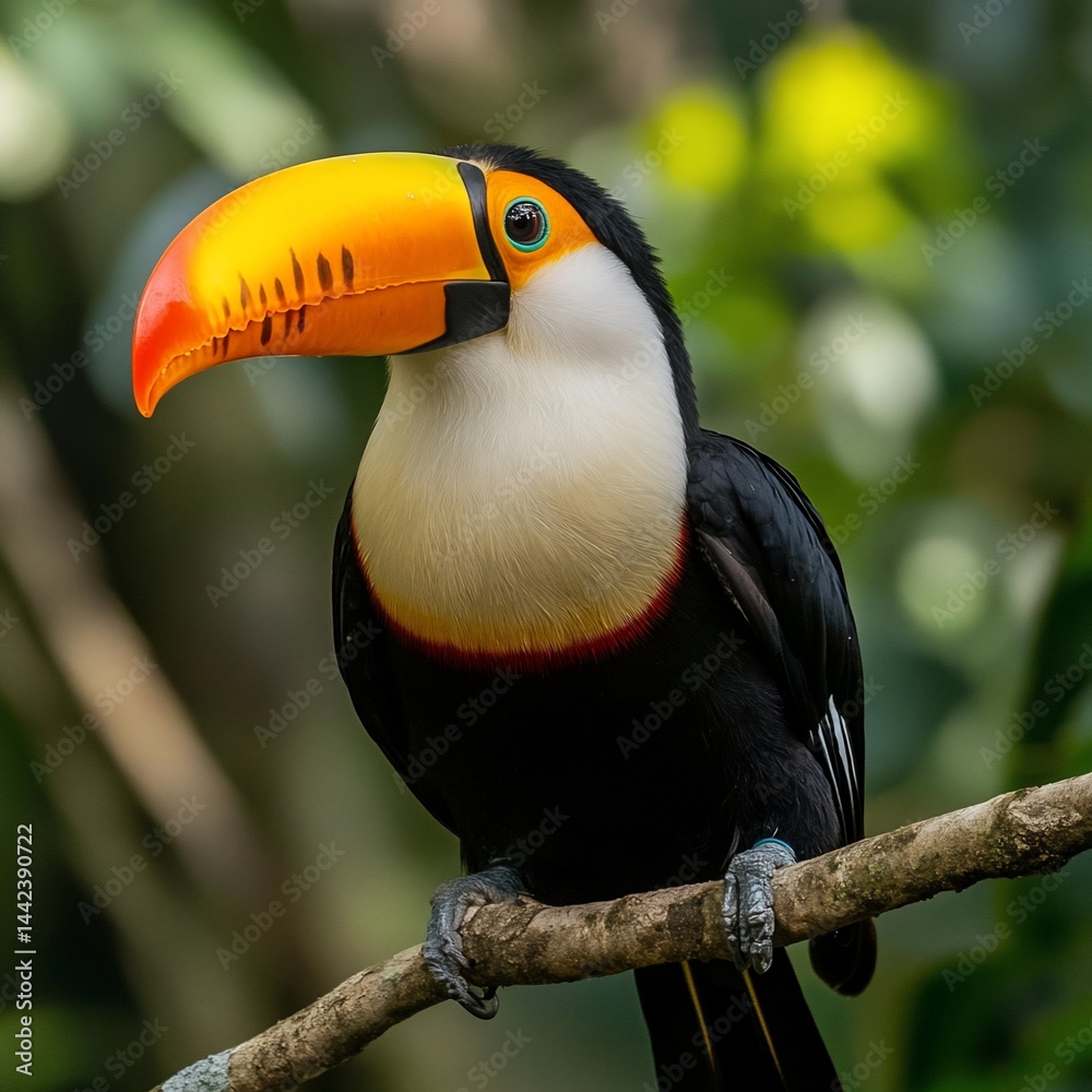 Vibrant toucan perched on a branch in lush foliage.