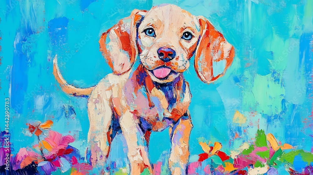 Joyful puppy portrait in vibrant colors, flowers, and textured brushstrokes.