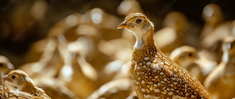 Close-up of a speckled bird among many others, bathed in sunlight.