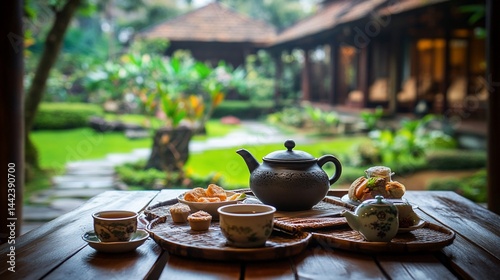 Obraz na płótnie Tranquil tea ceremony scene with teapot, cups, and pastries on wooden table overlooking lush garden. w salonie