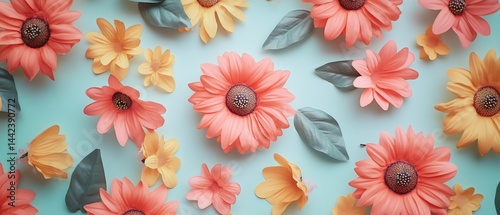 Pastel pink and yellow flowers flat lay on a teal background.