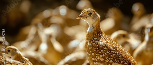 Obraz na płótnie Close-up of a speckled bird among many others, bathed in sunlight. w salonie