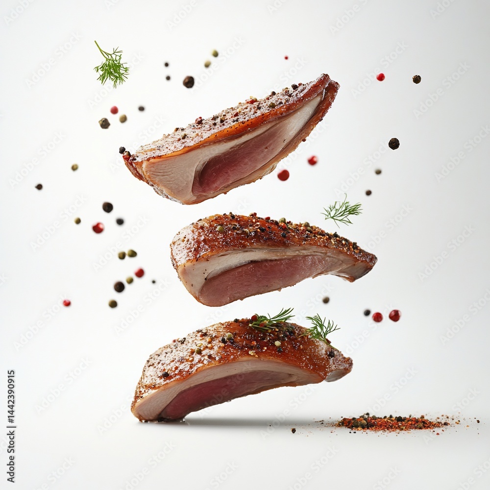 Three succulent roasted duck breast pieces levitate against a white background, surrounded by colorful peppercorns and fresh dill.