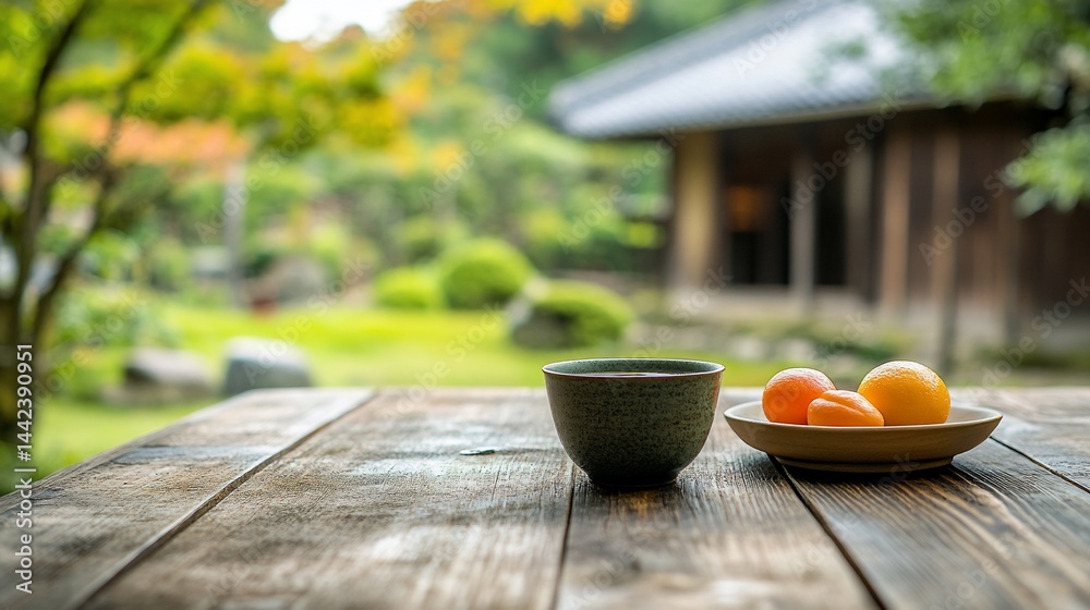 Teacup, fruit, and wooden table in serene garden setting.
