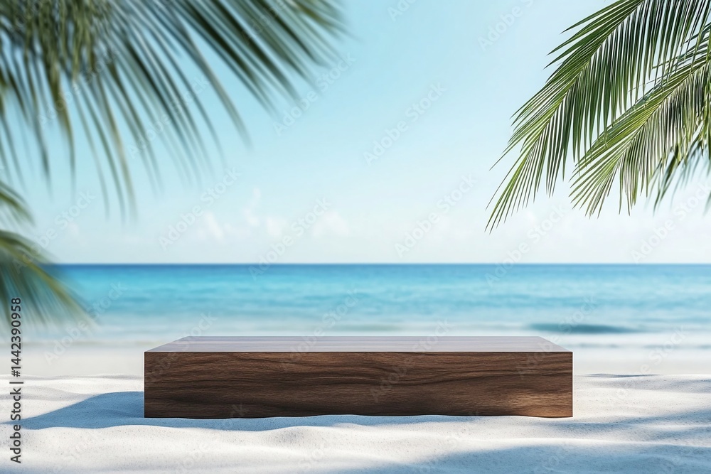 Wooden platform on tropical beach, sand, ocean background.