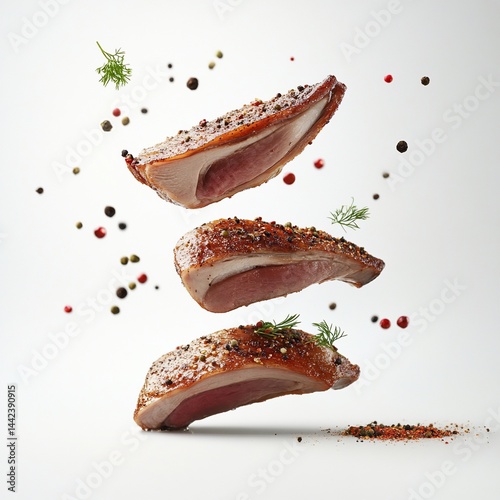 Obraz na płótnie Three succulent roasted duck breast pieces levitate against a white background, surrounded by colorful peppercorns and fresh dill. w salonie