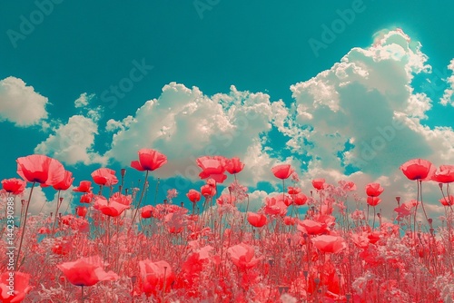 Obraz na płótnie Vibrant red poppies bloom in a field under a bright, cloudy sky. w salonie