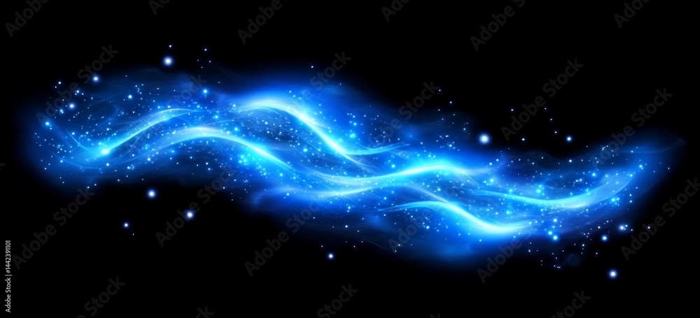 Abstract blue glowing wave with sparkles on black background.